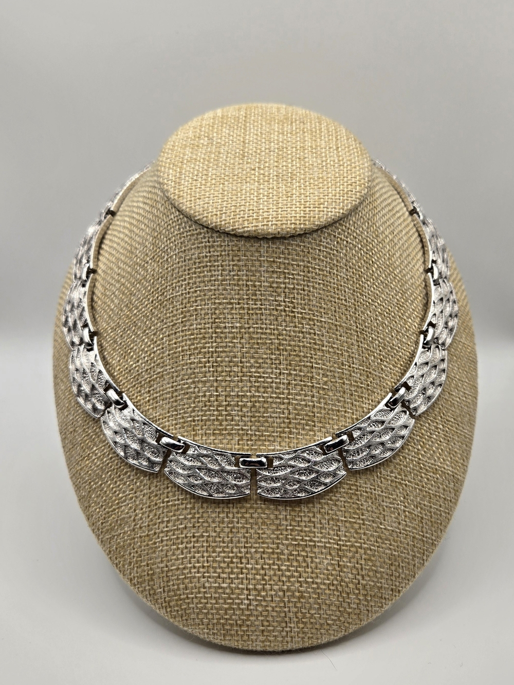 Vintage Boucher Signed Statement Necklace – Silver Tone Textured Link Necklace